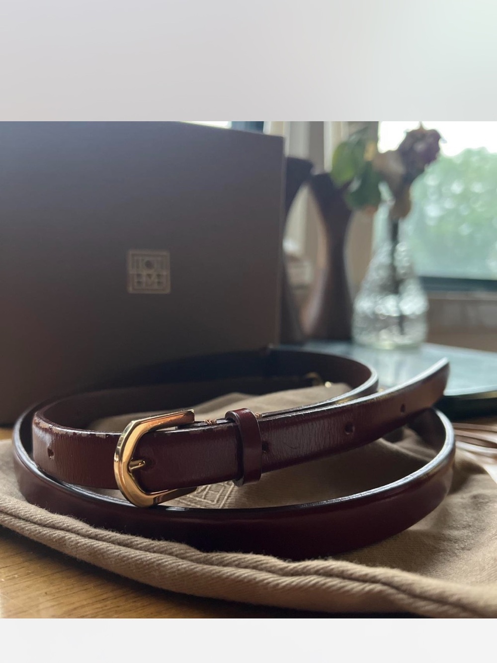Toteme Bordeaux Leather Belt with Gold Buckle